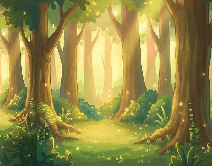 A lush, sunlit forest full of fireflies