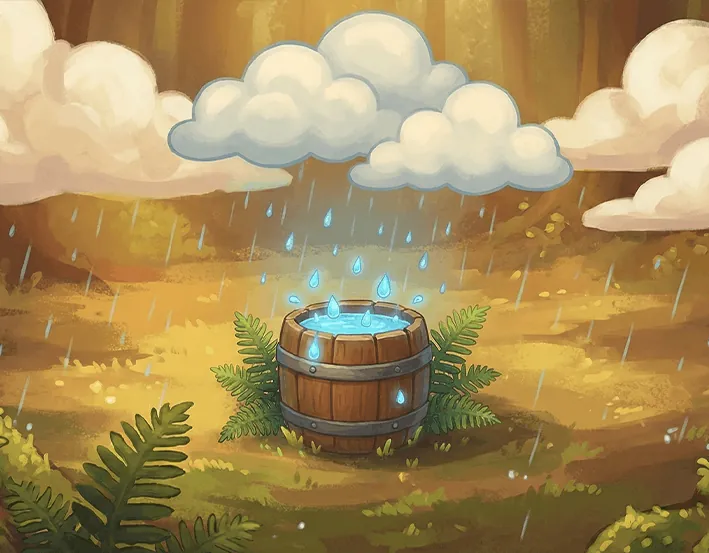 Rain clouds gathering over dry ground, water dripping into a wooden barrel