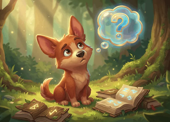 A puzzled puppy sitting in the forest beside open books